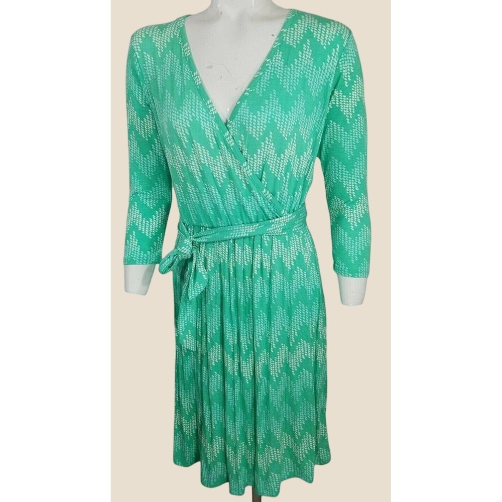 NWOT Pixley Faux Wrap Dress Geometric 3/4 Sleeve V-Neck Green White Medium